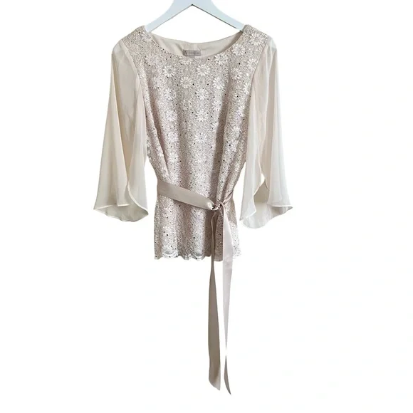 Cream dressy blouse belted sequins lace flowing sleeves. - Picture 1 of 8